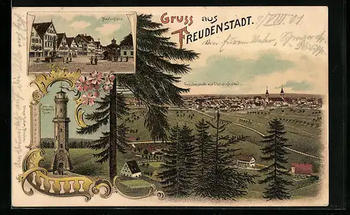 Lithographie Freudenstadt, Marktplatz, Gesamtansicht, Herzog-Friedrichs-Turm