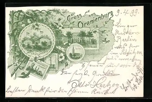 Lithographie Oranienburg, Gasthaus Schützenhaus, Kirche, Königl. Seminar