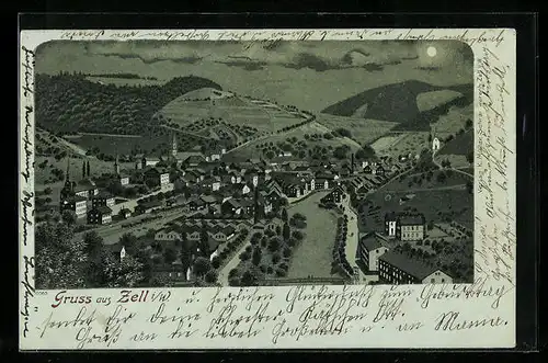 Lithographie Zell i. W., Teilansicht mit Strassenpartie