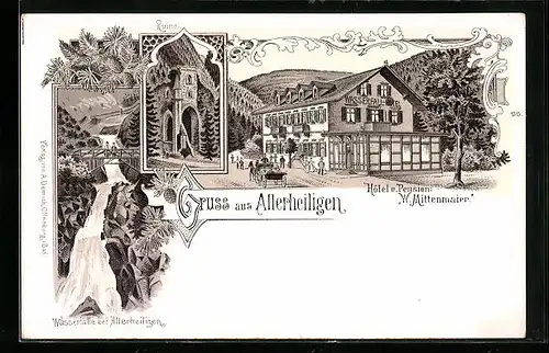 Lithographie Allerheiligen, Hotel und Pension W. Mittenmaier, Wasserfälle, Ruine