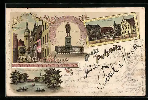 Lithographie Pulsnitz, Rietschel-Denkmal, Kirche, Hauptmarkt, Schlossteich