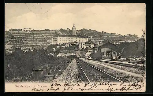 AK Gundelsheim a. N., Teilansicht mit Bahnhof