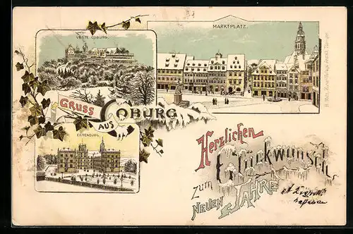Vorläufer-Lithographie Coburg, 1894, Marktplatz, Veste Coburg, Ehrenburg