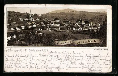 Lithographie Miesbach, Gesamtansicht der Ortschaft