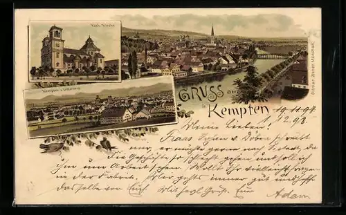 Lithographie Kempten, Kath. Kirche, Ortsansicht vom Lotterberg aus
