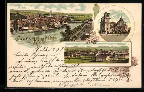 Lithographie Kempten, Blick vom Lorterberg, Kath. Kirche