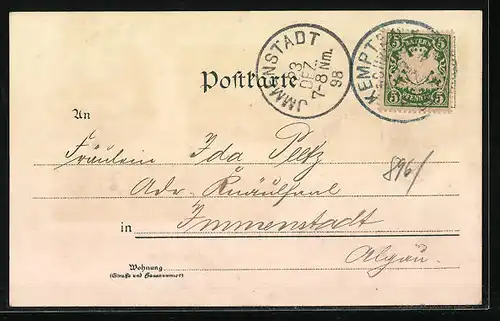 Lithographie Kempten, Blick vom Lorterberg, Kath. Kirche