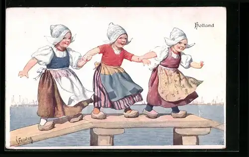 Künstler-AK Karl Feiertag: Drei holländische Mädchen auf einem Steg am Wasser
