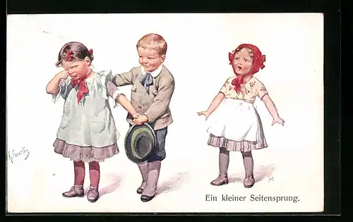 Künstler-AK Karl Feiertag: Junge tröstet eifersüchtiges Mädchen-Ein kleiner Seitensprung