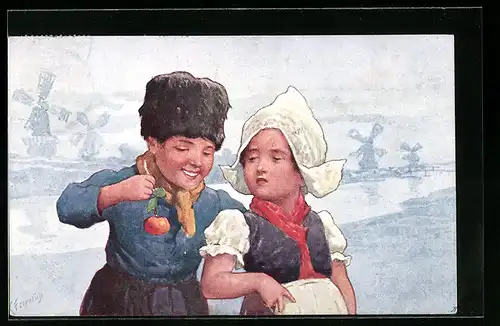 Künstler-AK Karl Feiertag: Mädchen und Junge in holländischer Tracht