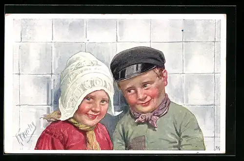 Künstler-AK Karl Feiertag: Verliebtes Kinderpaar in holländischer Tracht