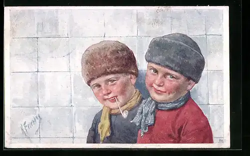 Künstler-AK Karl Feiertag: Zwei lächelnde Jungen mit Mützen