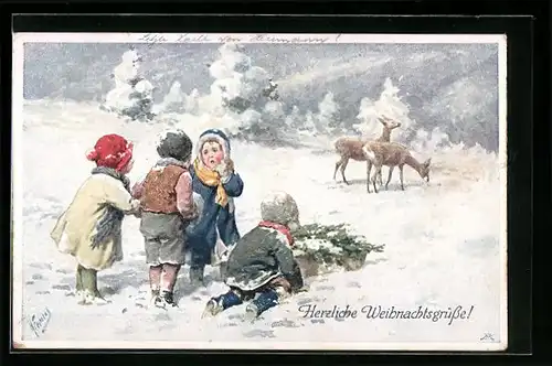 Künstler-AK Karl Feiertag: Kinder in verschneiter Landschaft beobachten Rehe