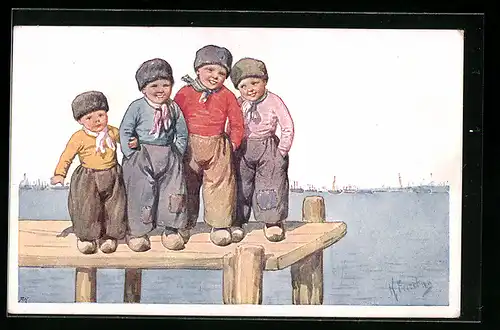 Künstler-AK Karl Feiertag: Holländische Jungen auf einem Steg am Meer