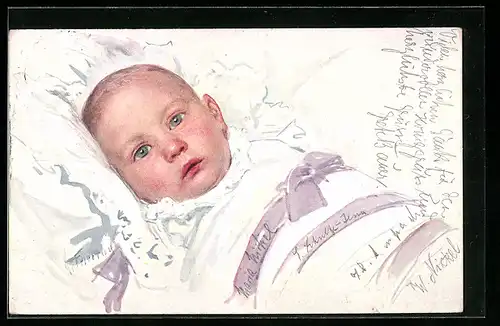 Künstler-AK Karl Feiertag: In seinem Bettchen liegendes Baby