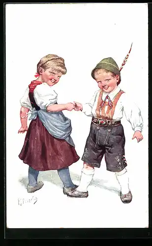 Künstler-AK Karl Feiertag: Mädchen mit Jungen in Tracht beim Tanz