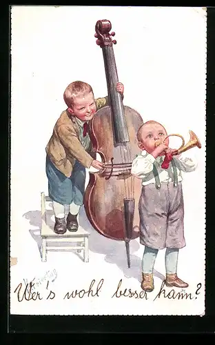 Künstler-AK Karl Feiertag: Zwei musizierende Jungen