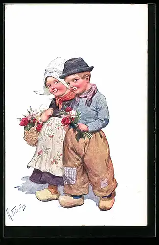 Künstler-AK Karl Feiertag: Holländisches Mädchen und Junge mit Blumen