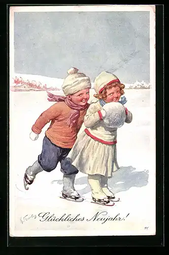 Künstler-AK Karl Feiertag: Junge mit Mädchen auf Schlittschuhen