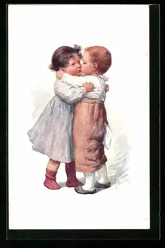 Künstler-AK Karl Feiertag: Kleiner Junge küsst kleines Mädchen