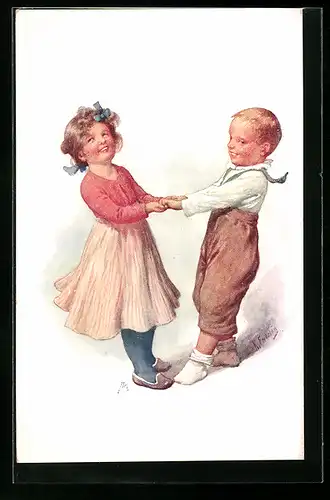 Künstler-AK Karl Feiertag: Junge mit Mädchen beim Tanz