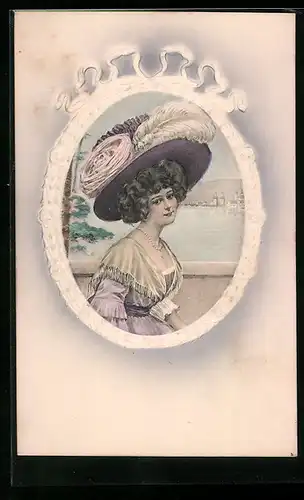 Künstler-AK V.K., Vienne Nr.7051: Hübsche junge Frau mit toller Kopfbedeckung