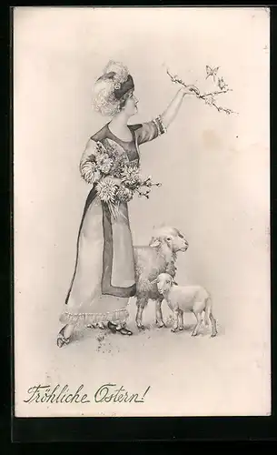 Künstler-AK V.K., Vienne Nr.4158: Fröhliche Ostern, Junge Frau mit Schafen und Blumen