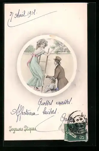 Künstler-AK V.K., Vienne Nr.4130: Junge Frau auf einer Leiter, daneben Vater mit Tochter