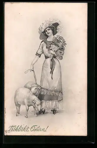Künstler-AK V.K., Vienne Nr.4158: Fröhliche Ostern, Junge Frau mit einem Blumenstrauss und Lämmer an der Leine
