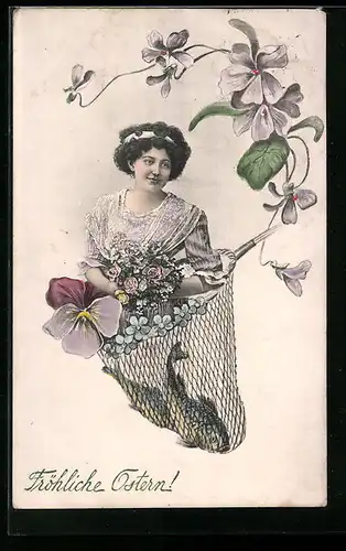Künstler-AK V.K., Vienne Nr.7055: Fröhliche Ostern, Junge Frau mit Blumen und Fische im Kescher