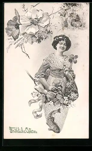 Künstler-AK V.K., Vienne Nr.7055: Fröhliche Ostern, Junge Frau mit Blumen und einen Fisch im Kescher