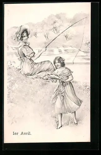 Künstler-AK V.K., Vienne Nr.7057: Zwei junge Frauen beim Angeln mit einen Fisch