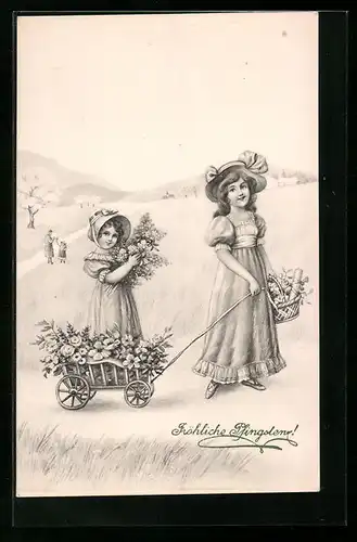 Künstler-AK V.K., Vienne Nr.4171: Fröhliche Pfingsten, Zwei Mädchen mit einen Wagen voller Blumen