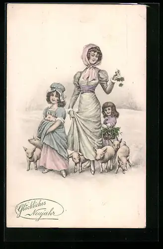 Künstler-AK V.K., Vienne Nr.5358: Glückliches Neujahr, Mutter mit zwei Töchtern und Schweinen