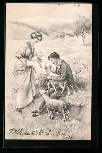 Künstler-AK V.K., Vienne Nr.4159: Fröhliche Ostern, junges Paar mit Lämmern auf der Wiese