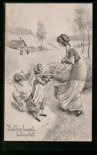 Künstler-AK V.K., Vienne Nr.4159: Mädchen bringt der Mutter ein Nest mit Eiern, zweites Mädchen jagt ein Lamm