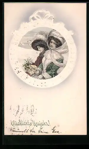 Künstler-AK V.K., Vienne Nr.5156: Glückliches Neujahr, Zwei elegant gekleidete Mädchen
