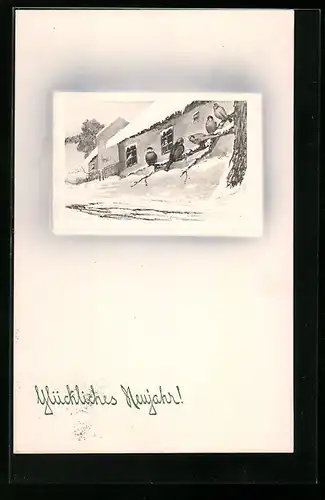 Künstler-AK V.K., Vienne Nr.5217: Glückliches Neujahr, Vögel auf einem Ast vor einem Haus
