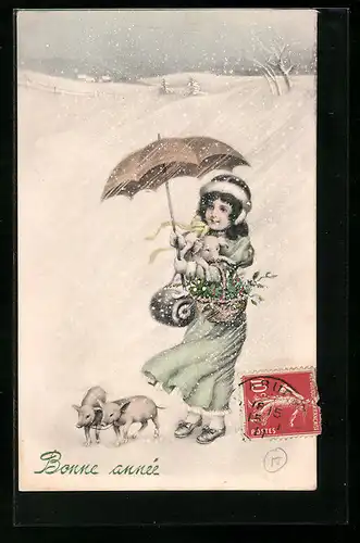 Künstler-AK V.K., Vienne Nr.5056: Junges Mädchen bei stürmischen Schneefall mit Glücksschweinen