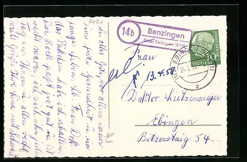 AK Landpoststempel Benzingen über Ebingen (Württ.)
