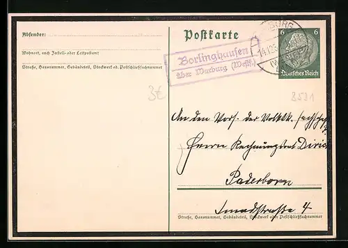 AK Landpoststempel Borlinghausen über Warburg (Westf.)