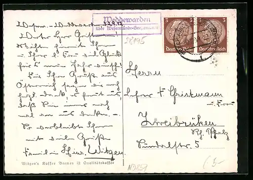 AK Landpoststempel Weddewarden über Wesermünde-Geestemünde