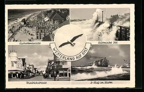 AK Westerland auf Sylt, Kurpromenade, Stürmische See, D-Zug im Sturm, Friedrichstrasse