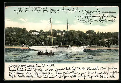 AK Hamburg-Neumühlen, Blick über das Wasser mit Segelboot zum Ort