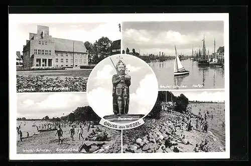 AK Wedel, Neues Rathaus, Hafen, Strandbad und Roland