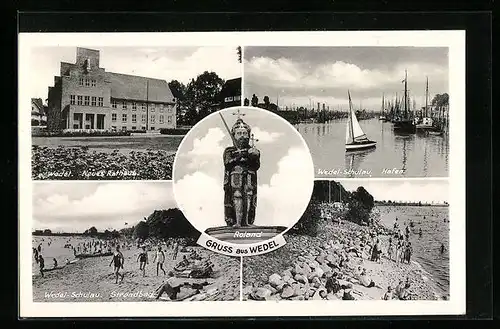 AK Wedel, Neues Rathaus, Hafen, Strandbad und Roland