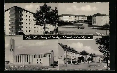 AK Kaufbeuren-Neugablonz i. Allgäu, Gustav Leutelt-Schule, Neuer Markt, Neue Herz-Jesu-Kirche, Wohnblock