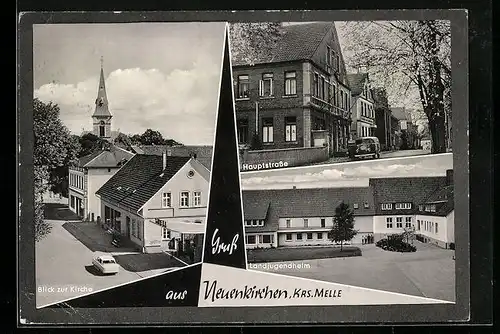 AK Neuenkirchen Krs. Melle, Blick zur Kirche, Hauptstrasse, Landjugendheim