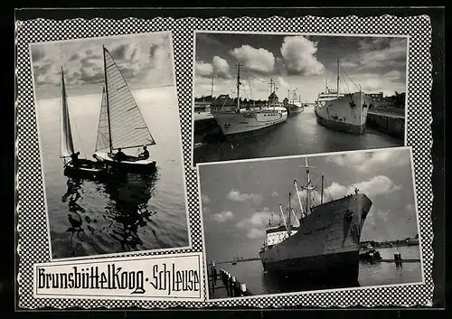 AK Brunsbüttelkoog, Schleuse-drei Ansichten von Dampfern und Segelbooten