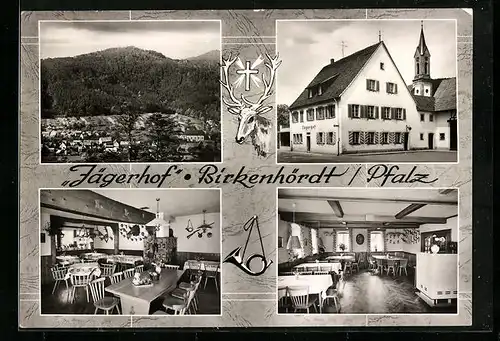 AK Birkenhördt /Pfalz, Ortsansicht und drei Ansichten von Gasthaus und Metzgerei Jägerhof